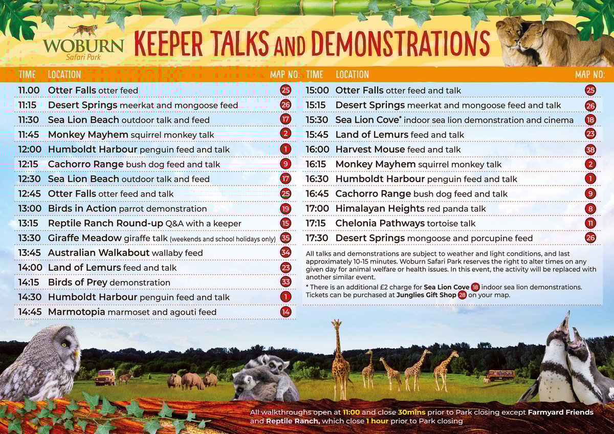 Woburn Safari Timetable of Keeper Talks Main Season 2025