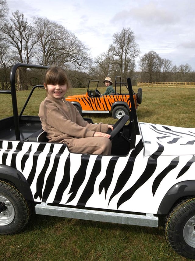 Two children in zebra and tiger printed Little Ranger Rovers