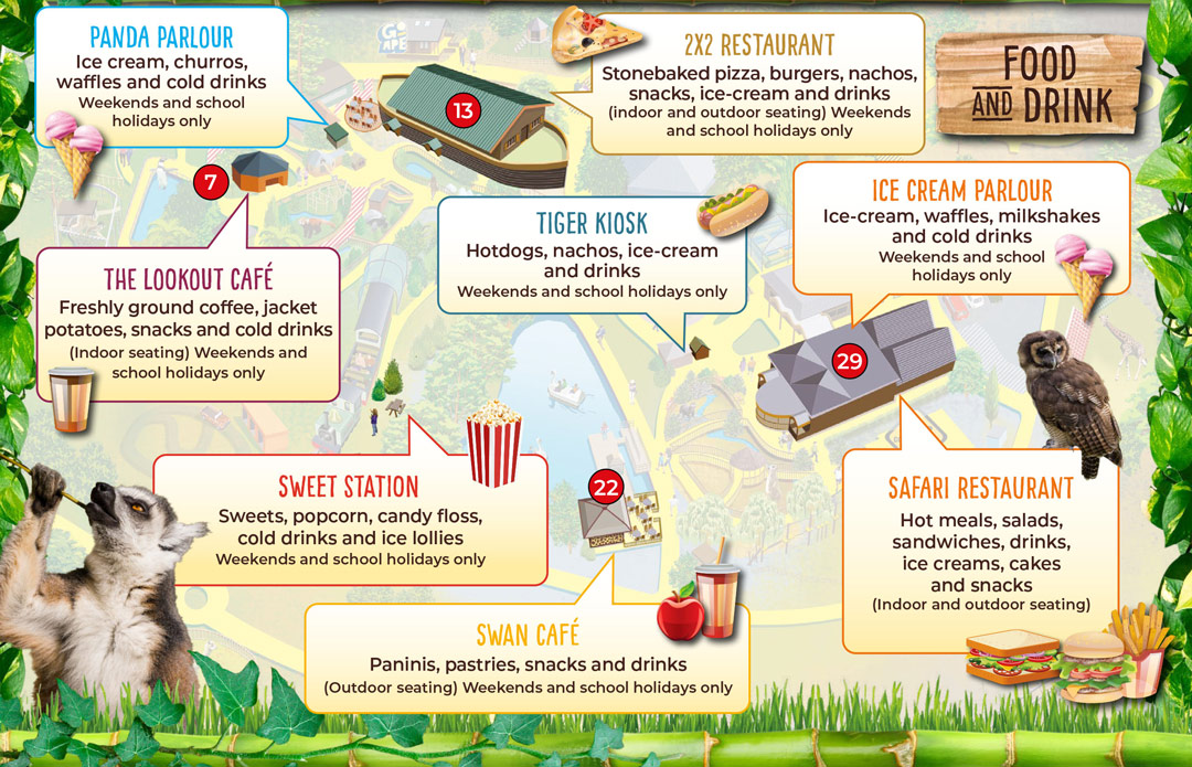 Where to eat, map of catering options at Woburn Safari Park